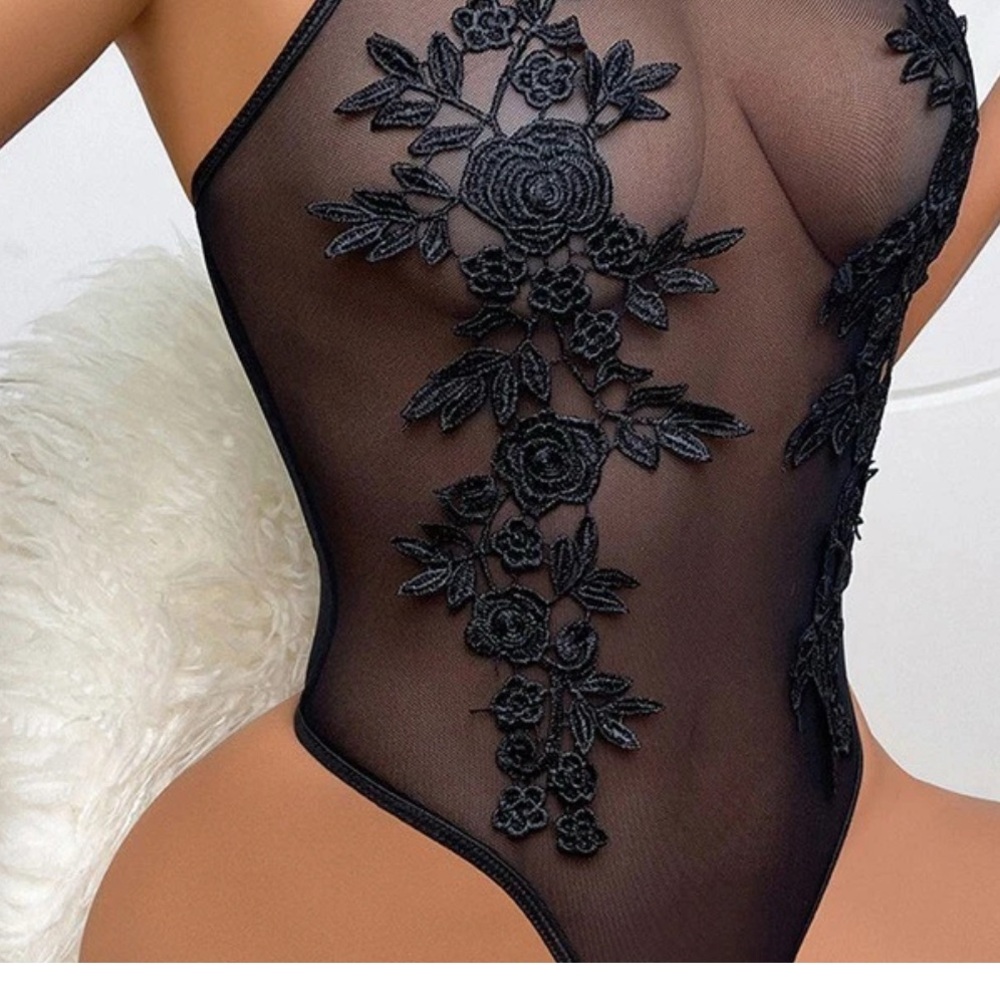 Black Sheer Floral Lace Bodysuit